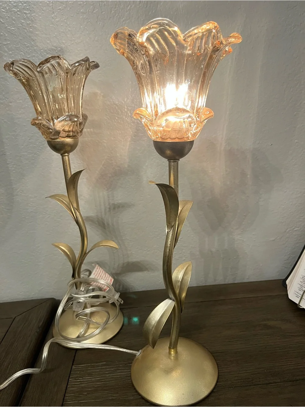 Gold Floral Glass Tulip Table Lamps - Pair